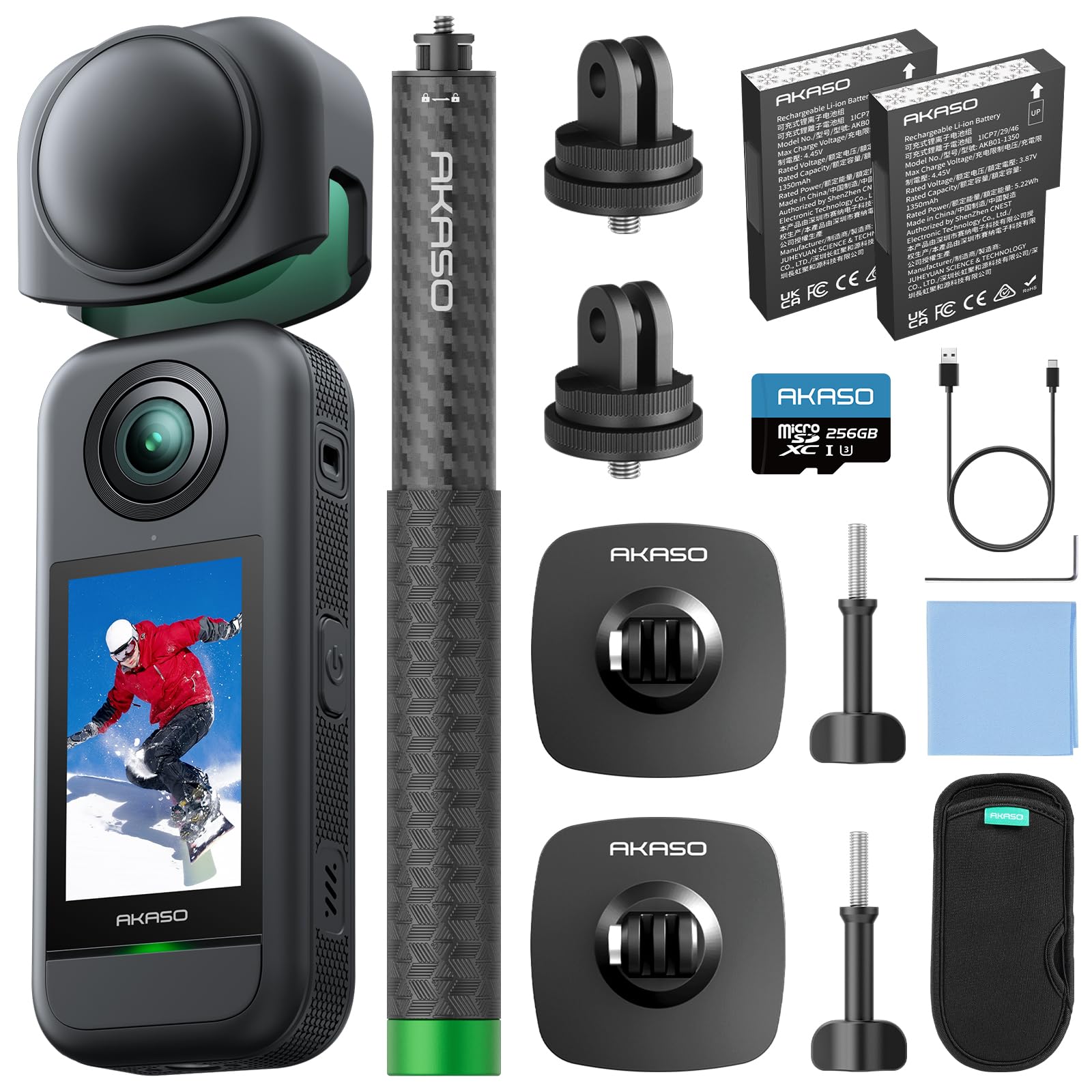 AKASO 360 Caméra d'action 360 Kit d'aventure Neige avec Carte mémoire 256 Go, capteur 1/2", 5,7 K 360, Photos 72 MP, écran Tactile de 2,29", caméra Sport 360