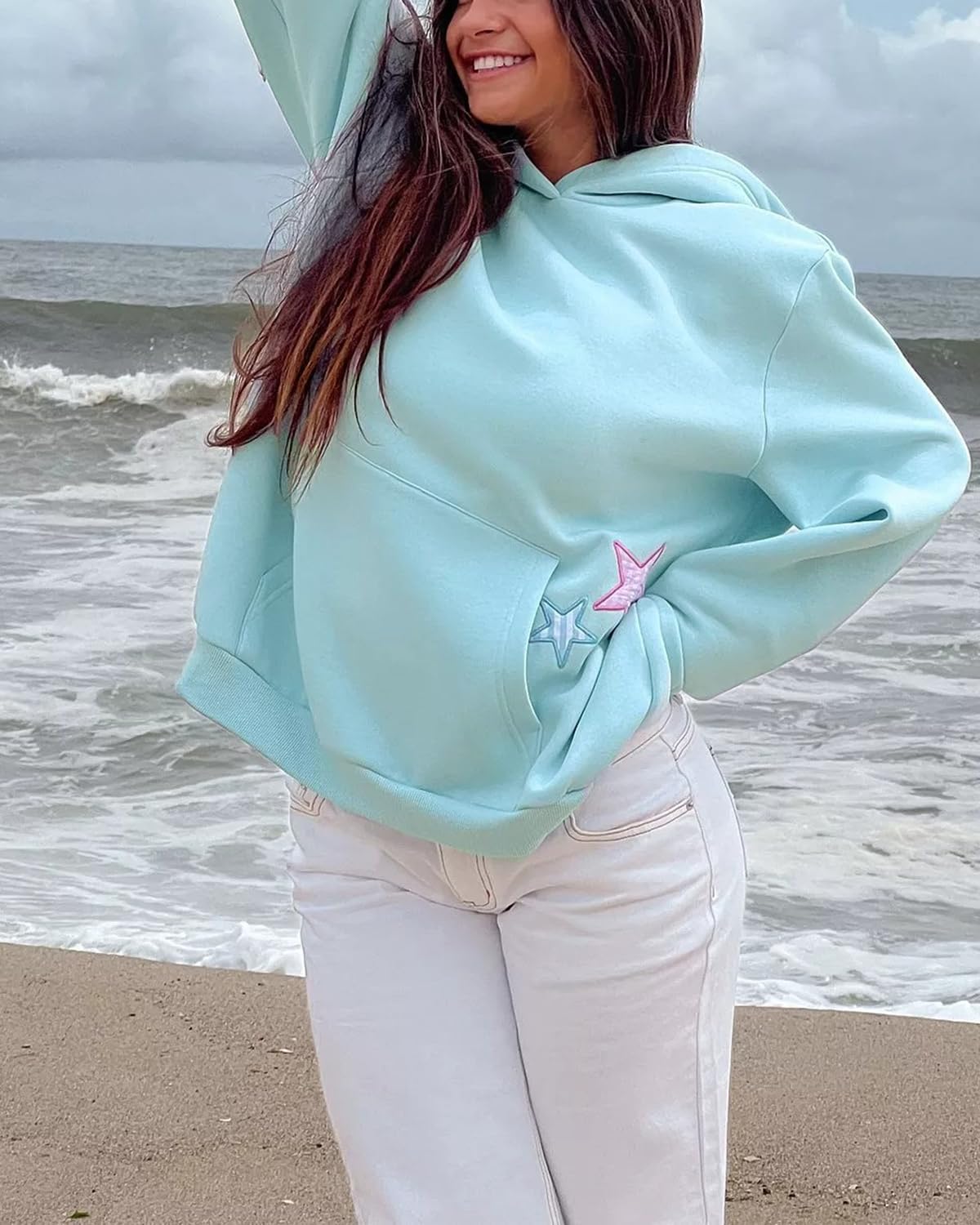 Cioatin Women Oversized Star Embroidery Graphic Hoodies Cute Y2K Aesthetic Long Sleeve Fleece Hooded Sweatshirt Fall Pullover - Image 6