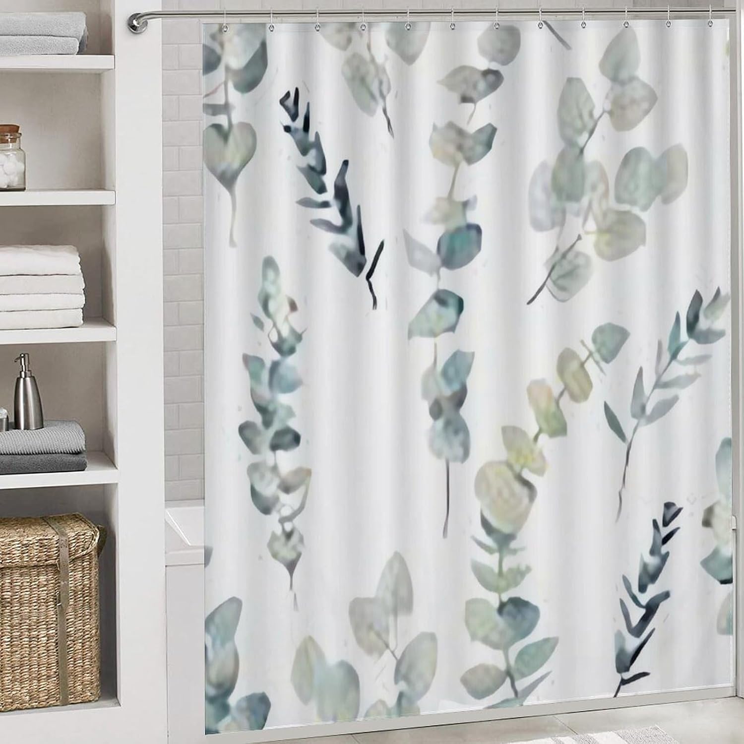 4 Piece Bathroom Rug Set with Shower Curtain, Non-Slip Bath Mat Toilet Cover Set, Eucalyptus Leaves2 Bathroom Rug Sets