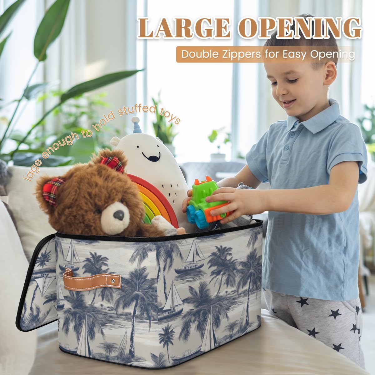 Storage Bin Set of 2 Sailboat Coconut Tree Storage Basket with Zipper Lid & Handle Foldable Closet Shelf 2 Pack Cloth Organizer Basket Cube Bins Clothes Organizer for Bedroom, Nursery
