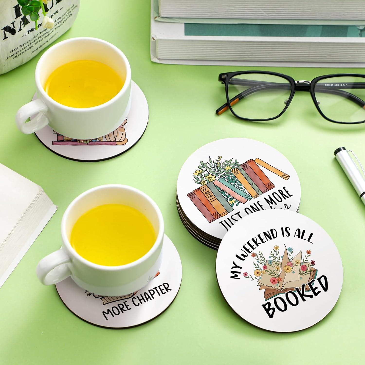 Hushee 8 Pcs Book Lovers Coaster Gifts Wooden Coffee Mug Coaster Favor for Librarian Bookish Merch Bookish Group Library Supplies Decoration Reading Club Favor Book Lovers Gifts(Read) - Image 4