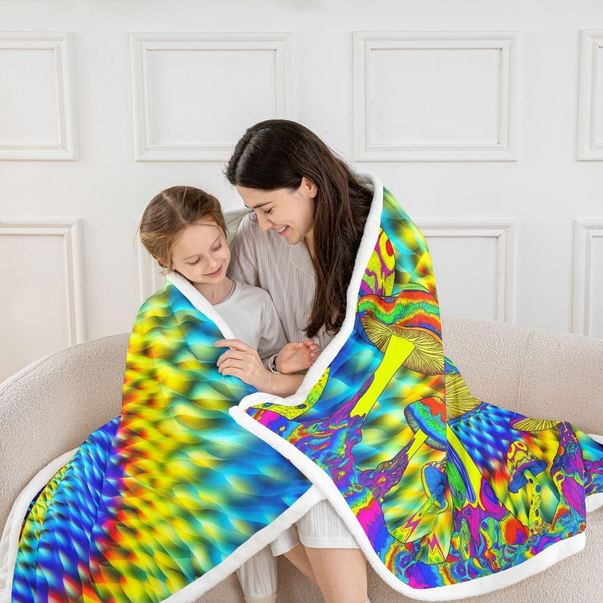 Erosebridal Psychedelic Blanket Yellow Blue Throw Blanket for Men Adult,Glowing Exotic Mushroom Cool Indie Goth Neon Fleece Blanket Psychedelic Bed Blanket 50"x60",Scary Room Decor