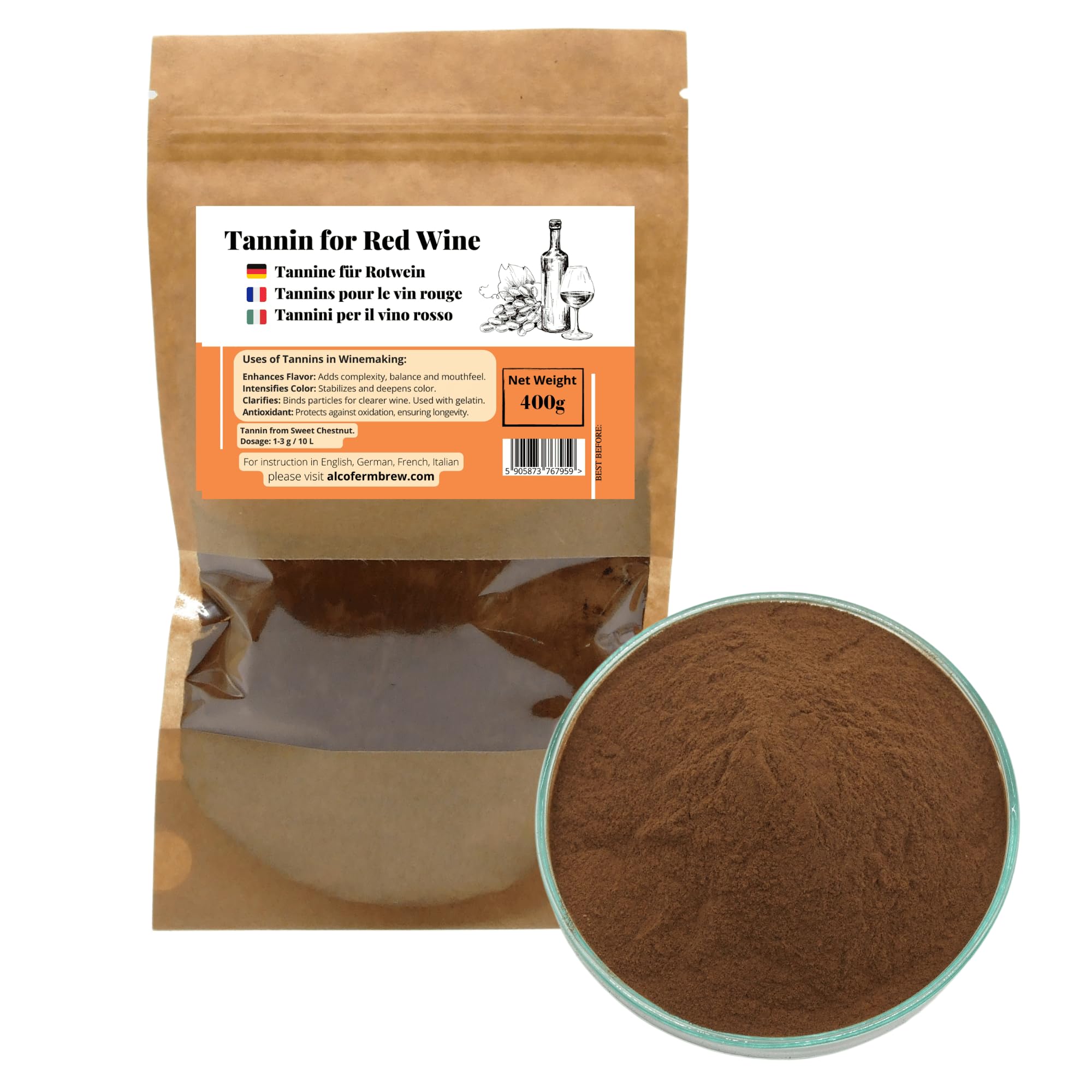 AlcoFermBrew Tannins pour Le vin Rouge 400g - Tanins de Vin, Antioxydants pour Le vin, Vinification Tannin