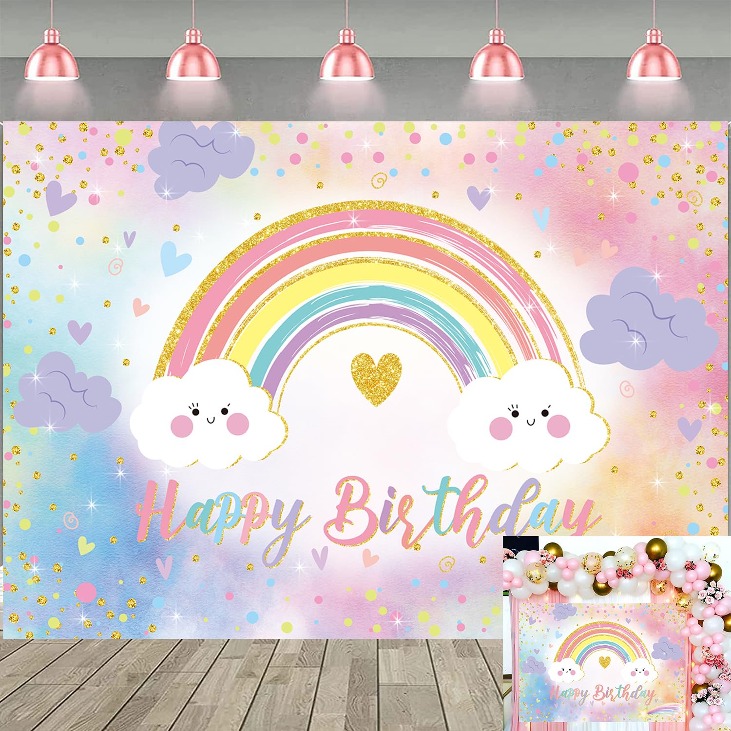 Rainbow Happy Birthday Banner Backdrop for Girl Women Colorful Rainbow Party Decorations Backdrop Pastel Kid Girl Baby Shower Party Cake Table