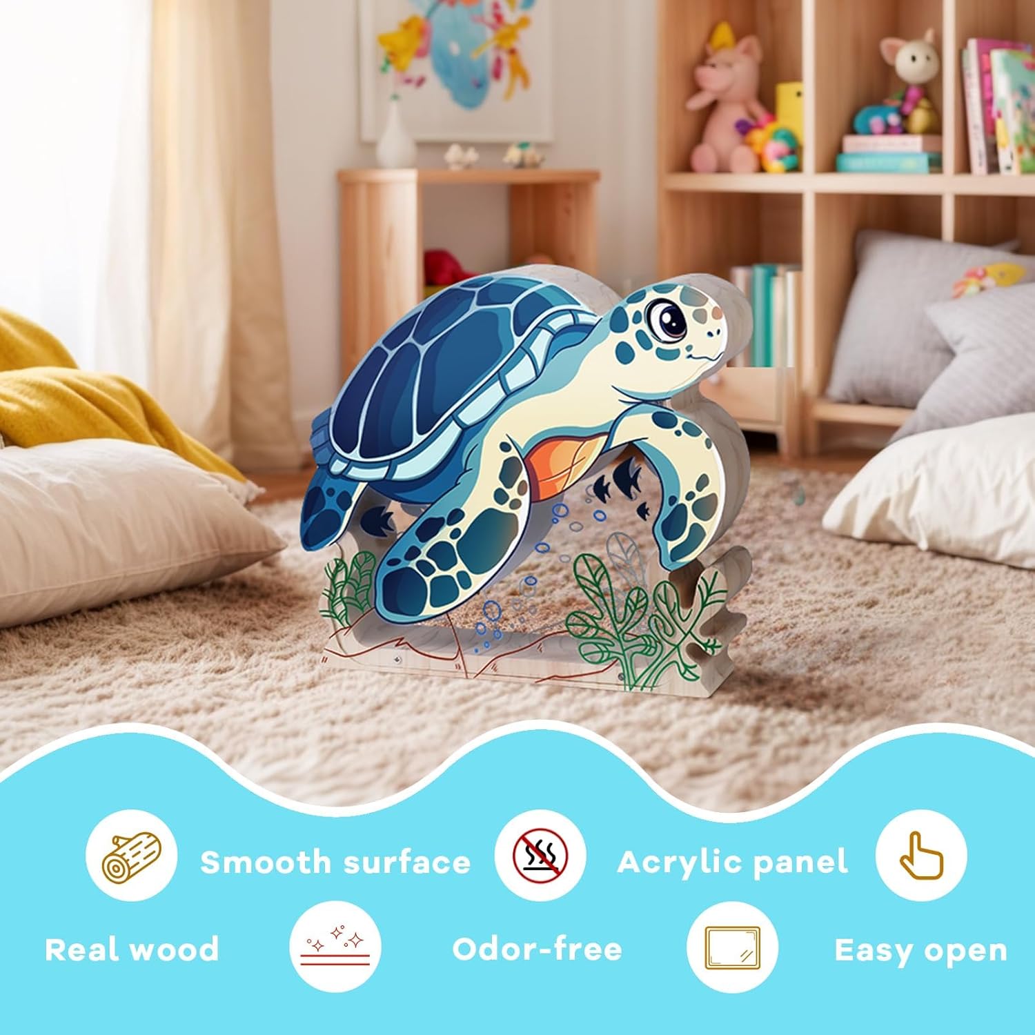 Wooden Sea Turtle Piggy Bank for Kids, Unbreakable Sea Turtle Kids Coin Bank with Stickers, Cashbox Money Bank Birthday Gifts for Boys, Girls, Educational Toys for Boys, Girls, Home Decor