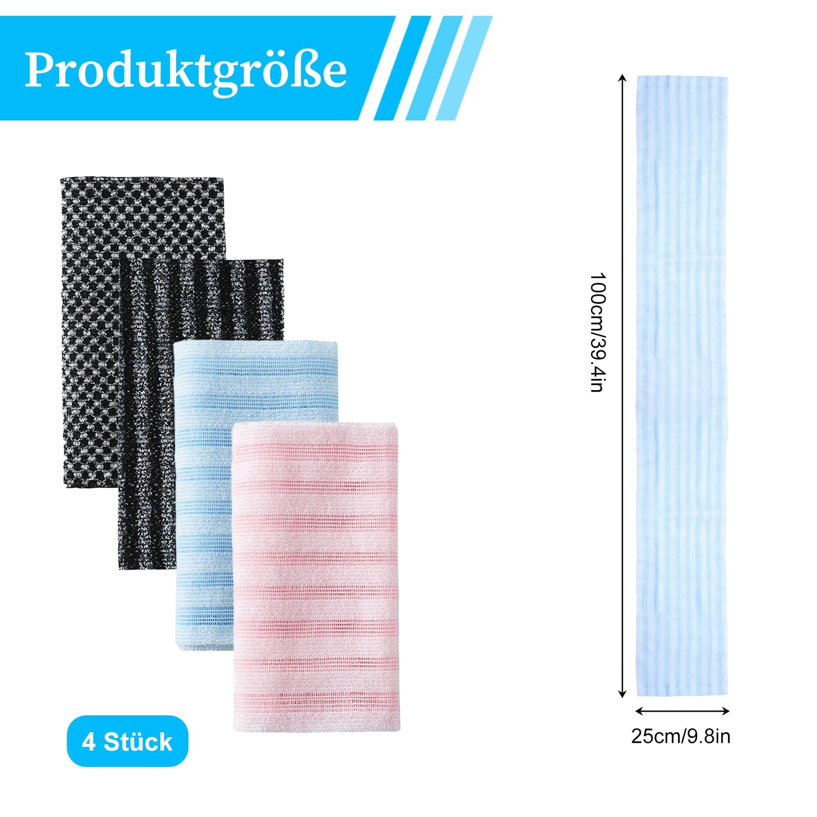 Zestaw 4 ręczników kąpielowych do peelingu, 100 x 25 cm, bardzo długa gąbka siatkowa o dwustronnej teksturze, ściereczka do peelingu ciała z jonami srebra, szorująca do pleców, rękawica prysznicowa