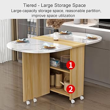 Kitchen Folding Dining Table, Modern Drop Leaf Dining Table Expandable Kitchen Table with 6 Wheels, Foldable Extendable Space Saving Table with 2 Tier Storage, Ideal for Restaurant, Kitchen, Bedroom (