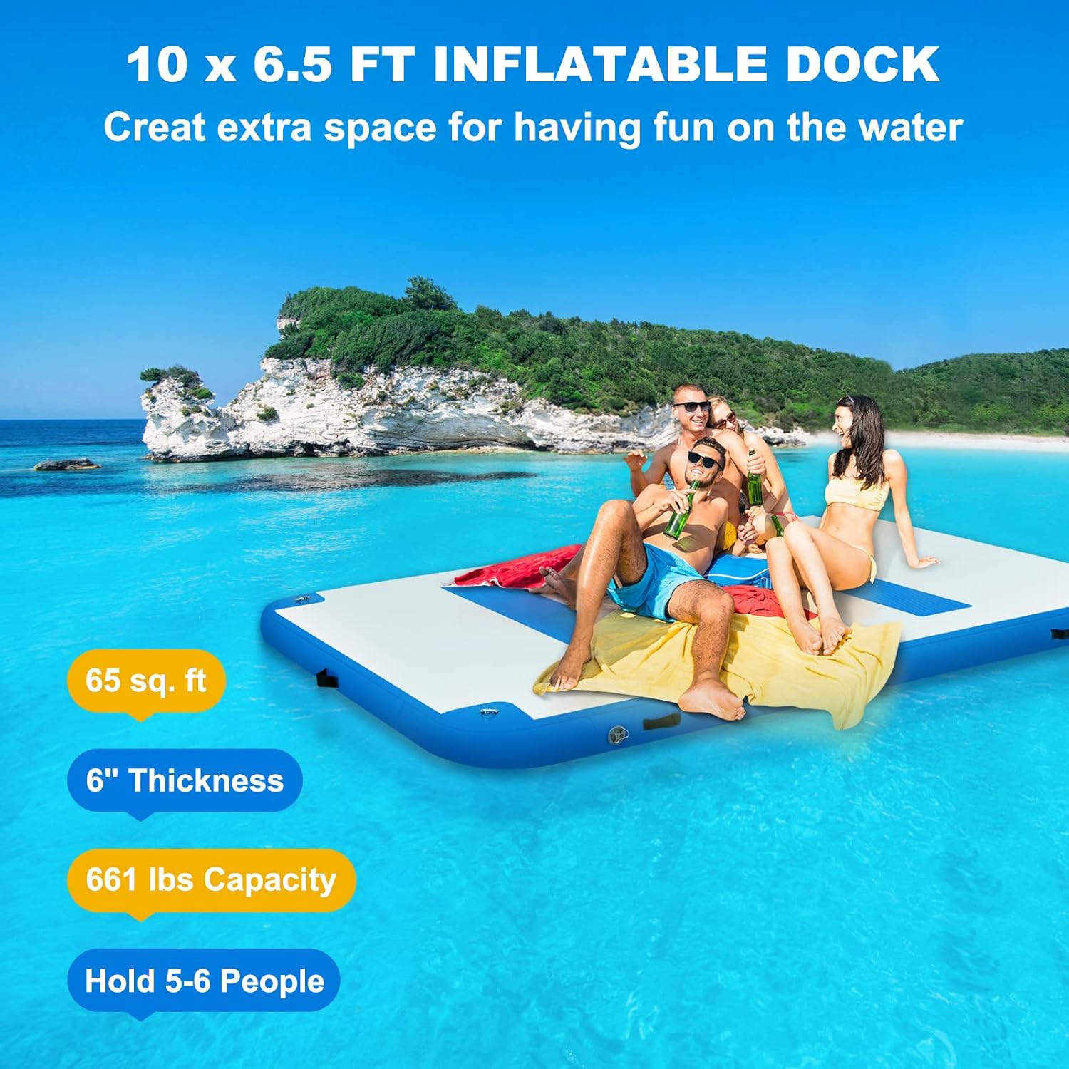 Happybuy Inflatable Floating Dock, Inflatable Dock Platform with Electric Air Pump & Storage Bag,Stable Platform Raft for Pool Beach Lake, Up to 3-10 People Rafting and Recreation 10' x 6.5'
