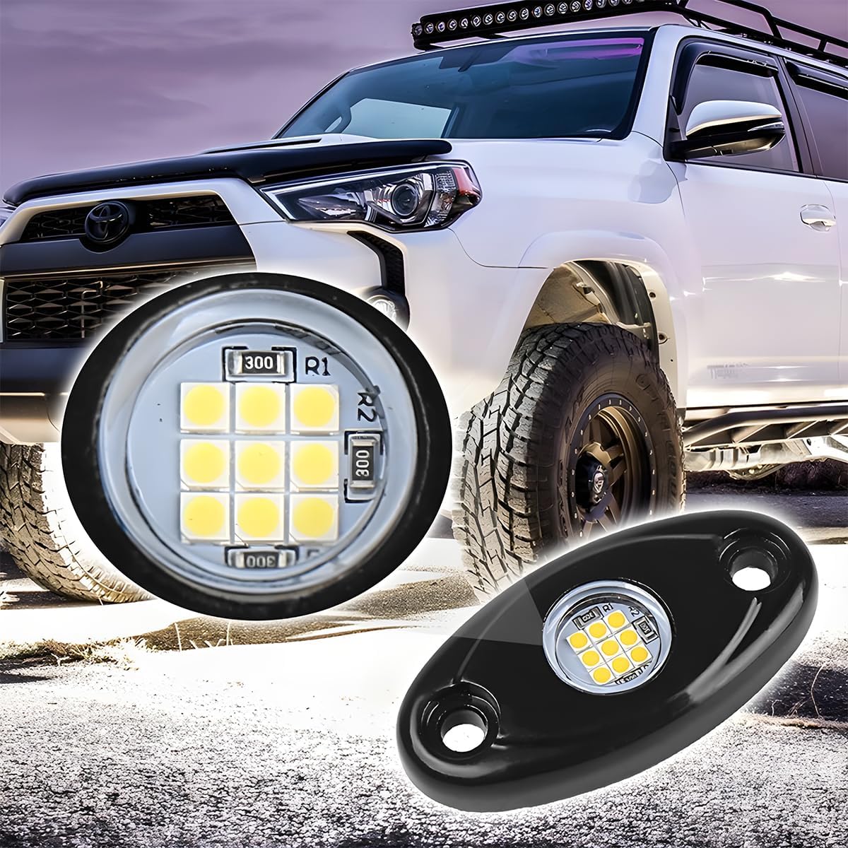 4 Pods Car RGB LED Rock Lights, Vehicle Underglow Neon Light Pod with Screws and Nuts, Waterproof Automotive Exterior Rock Night Lamp, Universal for SUV Sedan Truck (White)