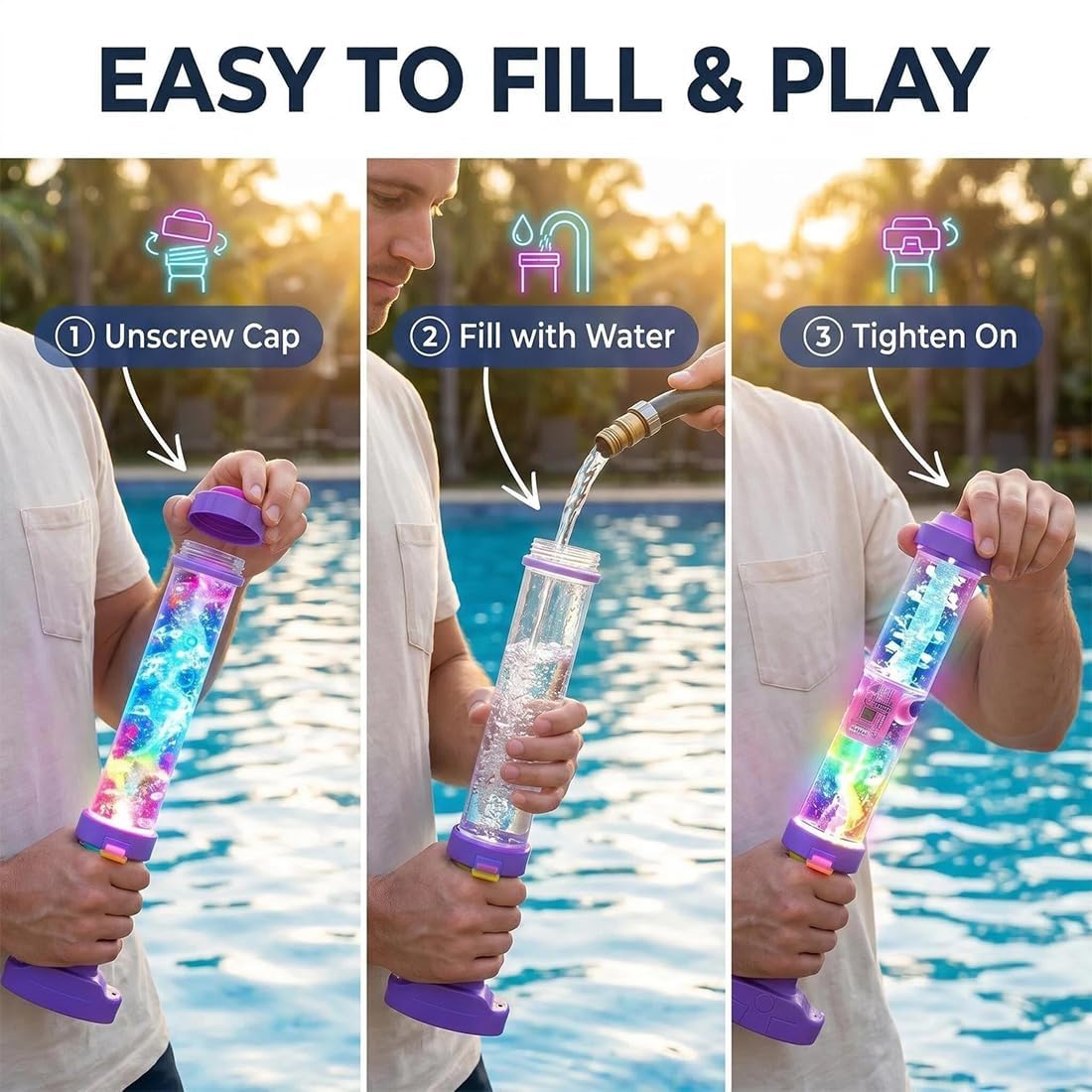 2026 - Pistola ad acqua a LED arcobaleno incandescente, a spinta a pressione, divertimento estivo che si apre come per magia, pistola ad acqua arcobaleno per feste in piscina all'aperto giochi d'acqua