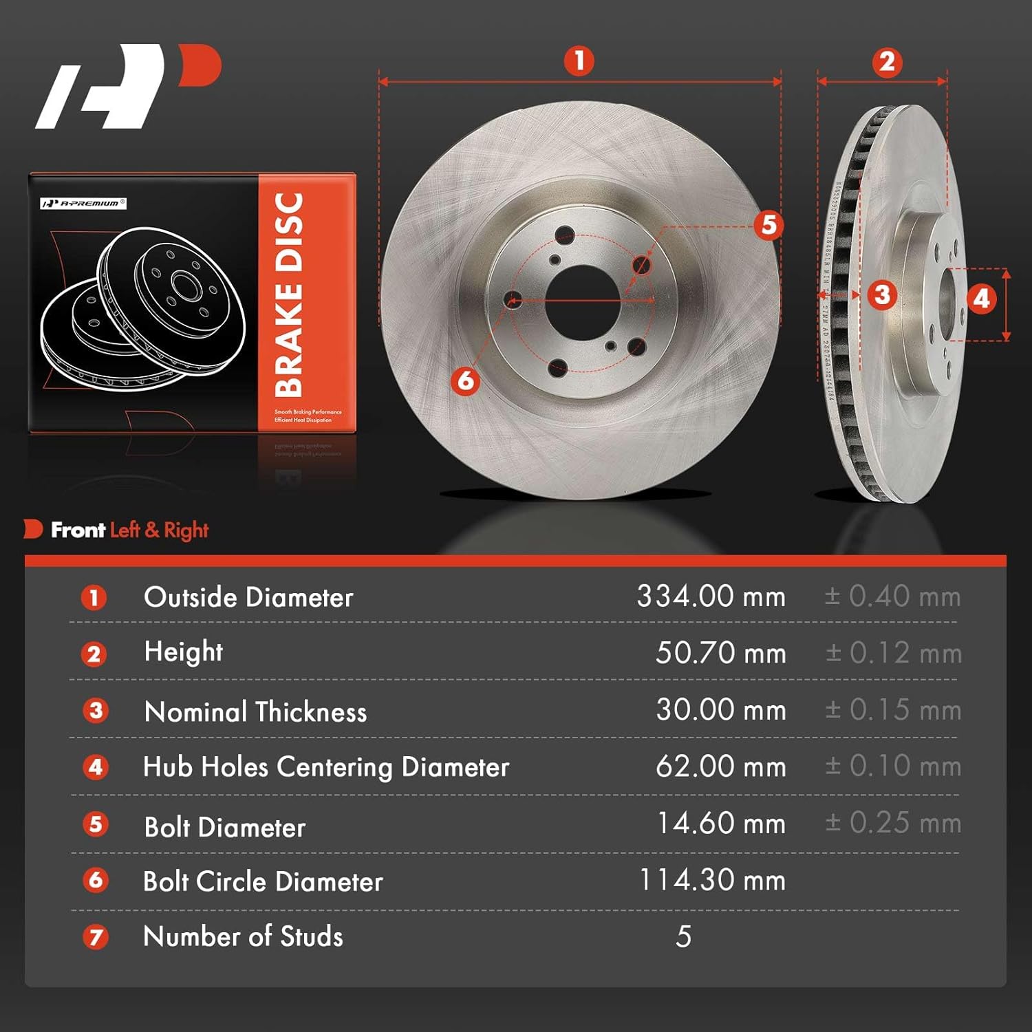 A-Premium 13.15 inch (334 mm) Front Vented Disc Brake Rotors Compatible with Select Lexus models - IS200T 2016, IS300 2016-2022, IS350 2012-2022, GS300 2018-2019, GS350, GS450H, RC200T, RC300, RC350