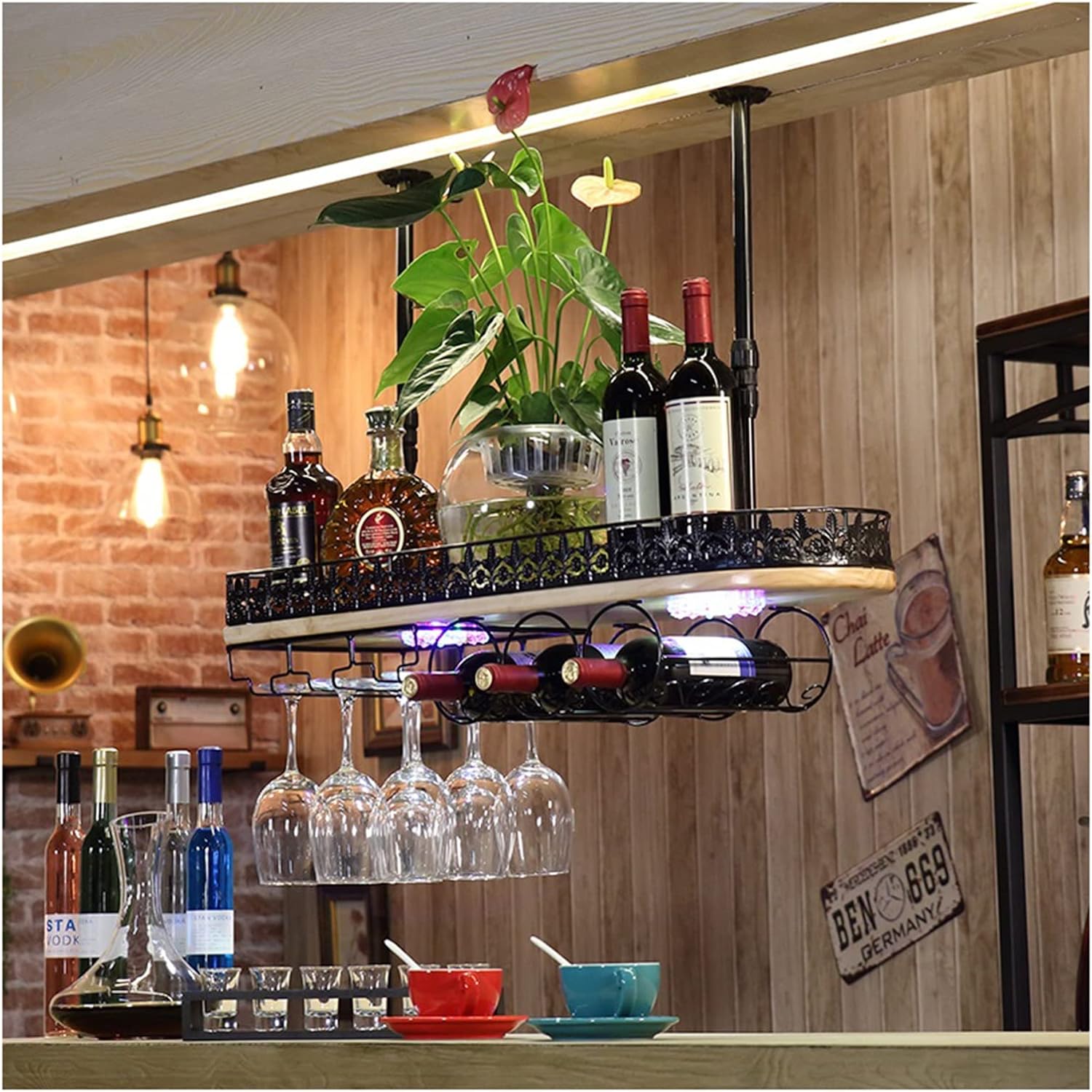 Creative Hanging Wine Rack with Atmosphere Light Upside Down Ceiling Shelf Retro Glass Holder Black Color 60x28x60CM Unique Bar Decor for Wine Lovers