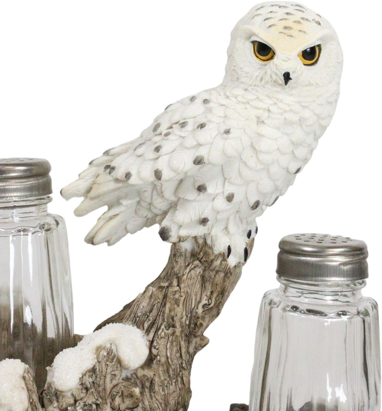Ebros Gift Baby Owlet Snow White Owl Perching On Snowy Tree Branch Glass Salt And Pepper Shakers Holder Display Figurine Set 6.5" Tall Wildlife Forest Spirit Nocturnal Birds Home Decor Accent