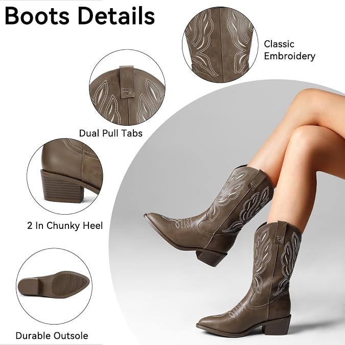 Wide Calf Cowboy Boots for Women Cowgirl Western Boots Mid Calf Embroidery Stitched Pointed Toe Boots