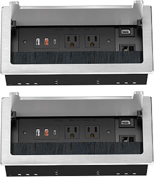 Kungfuking 2Pack Conference Table Power Hub, Outlet Multimedia Connectivity Box with 1 HDMI + 1 RJ45 + 20W USB C + 2 USB A + 2 AC Outlets, Heavy Duty Metal for Countertop Office UL Listed