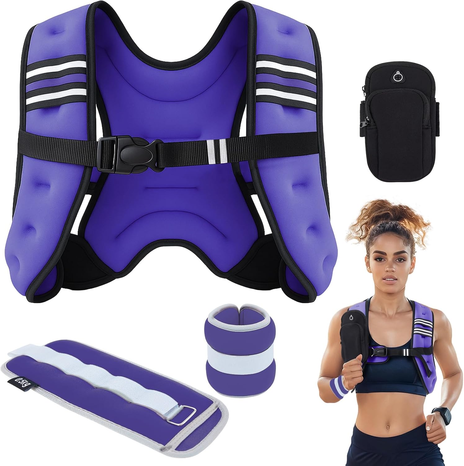 Cutecrop 10 lb Weighted Vest Set for Women, Rucking Weighted Vest with 2x2lb Ankle Weights, Reflective Stripes, Arm Pocket, No Bounce for Running, Walking, Strength Training Weight Loss