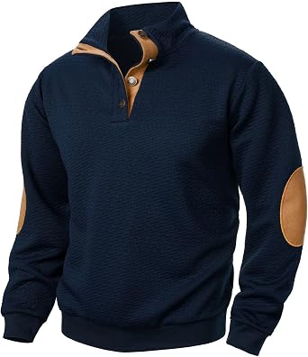 Quilted Zip Up Collar Pullover Men Classic Waffle Twill Sweatshirt Elbows Patch Long Sleeve Active Jumper Tops Pocket