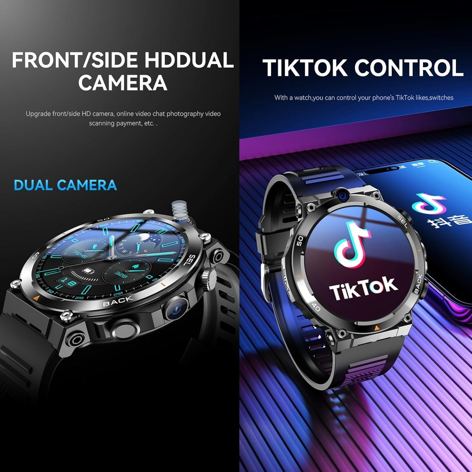 Męski smartwatch z funkcją połączeń, wodoodporność IP68, obsługa karty SIM 4G, okrągły ekran do fitnessu i codziennego użytku