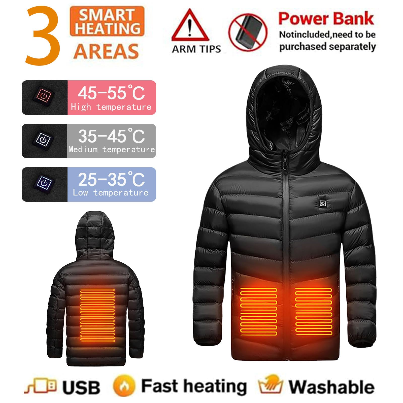 Manteau Chauffant Enfant Hoodies, Doudoune Chauffante Enfants USB, Veste Chauffant Electrique Garçons Filles Avec 3 Zones De Chauffage, Blouson Manches Longues,Coupe-Vent, Imperméable,Sécurité