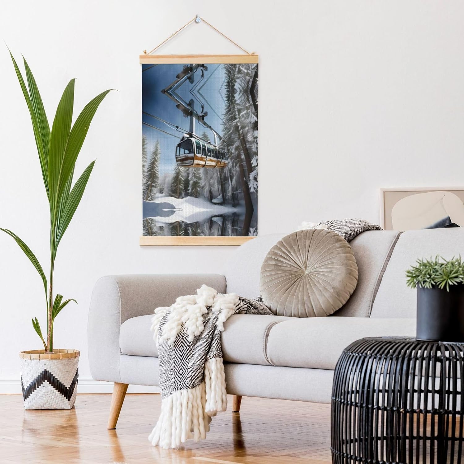 Winter Cable Ski Lift Print Poster Hanger,Hanging Poster, Poster Frame,Wood Poster Hanger, For Wall Hanging