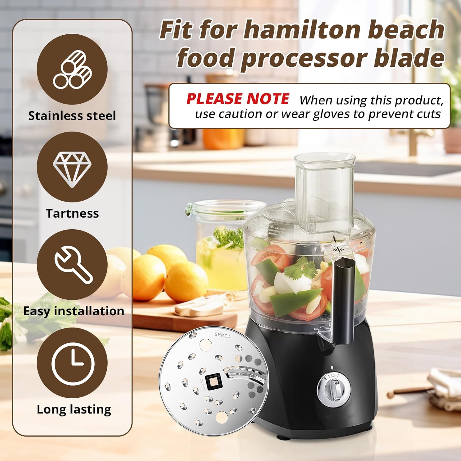 SuperDi Food Processor Slice/Shred Disc Blade next to a Hamilton Beach food processor, highlighting features like stainless steel, easy installation, and long-lasting