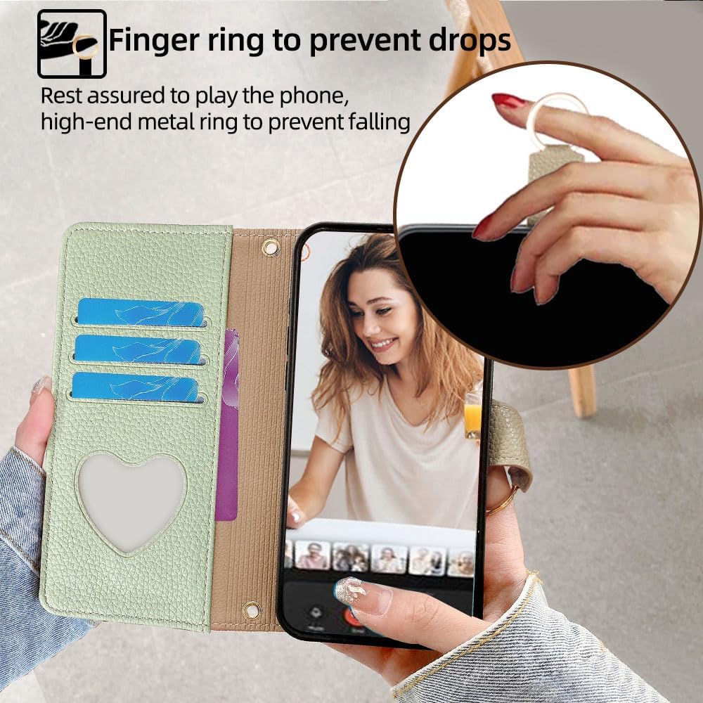 for Redmi Note 8/Note 8 2021 Wallet Case with Crossbody Strap, PU Leather Magnetic Flip Cover Card Holder Kickstand Mirror Shockproof Phone Case for Women Green