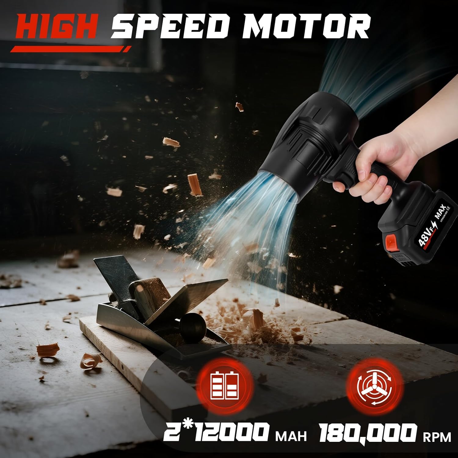 Cordless Turbo Leaf Blower – 2×48V Batteries & Fast Charger, 180,000 RPM Handheld Air Blower for Lawn, Patio, Car, and Dust Removal