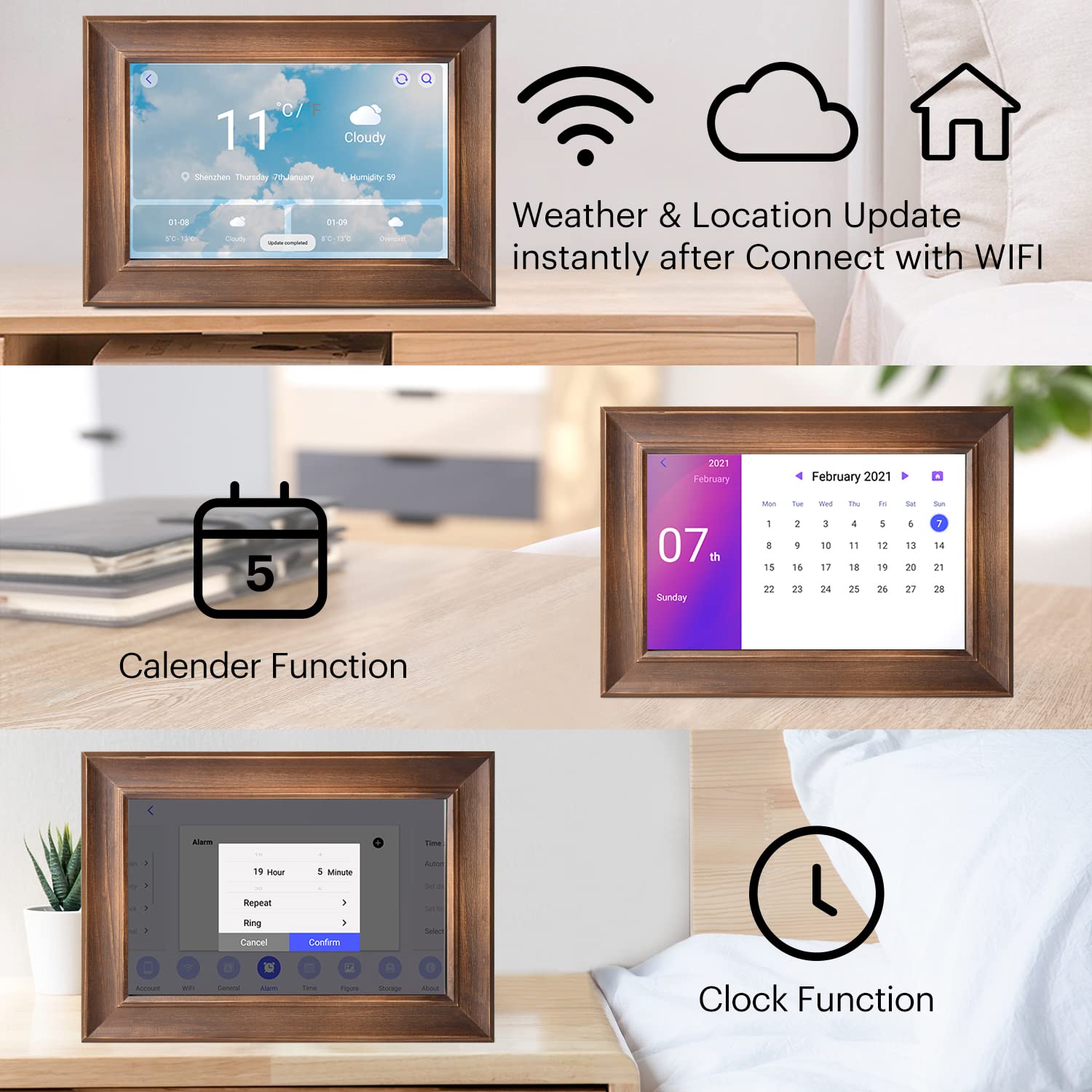 Digitaler Bilderrahmen 10 Zoll WLAN 16GB Speicher 1280x800 IPS Touchscreen Holz