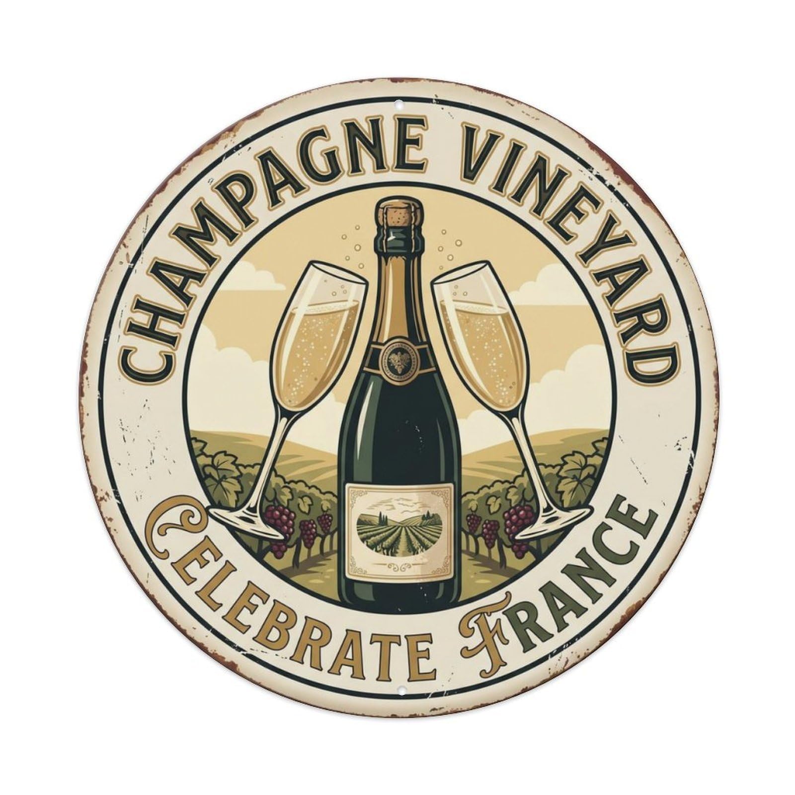 Gtthok Vintage Style Champagne Vineyard Celebrate France Wine Vintage Metal Tin Sign Plaque Wall Decor For Cafe, Club, Garden Round Metal Poster 8X8inch