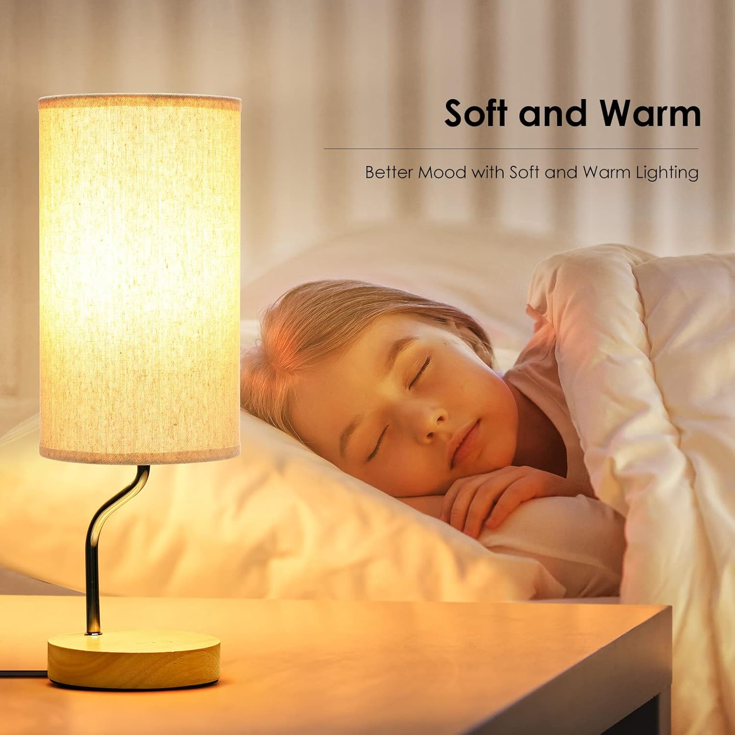 Upgraded Smart Bedside Table Lamp with Wireless Charger & USB Port - Touch Control LED Desk Lamp for Bedroom, Dimmable Wooden Nightstand Lamp with Fabric Shade for Home Living Room, Kid's Room Cream