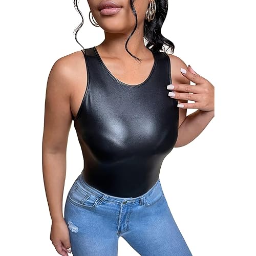 Women's PU Leather Round Neck Slim Fit Tank Top Vest
