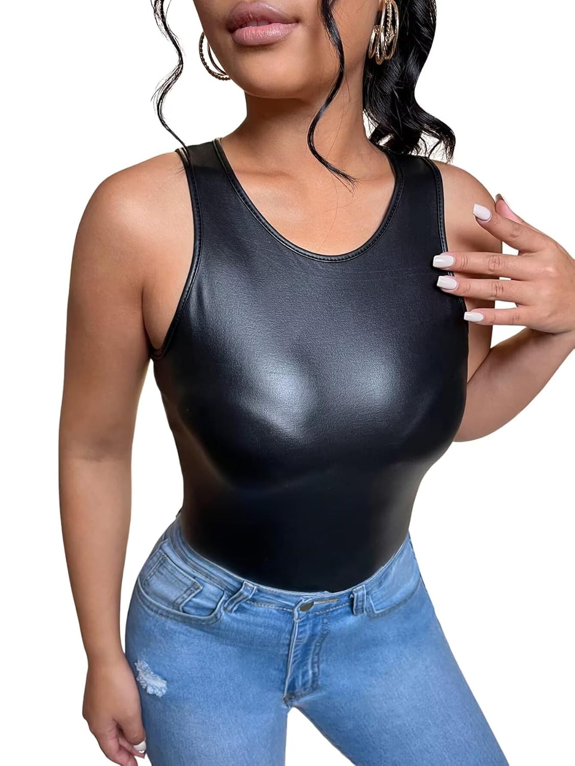 Womens PU Leather Round Neck Slim Fit Tank Top Vest