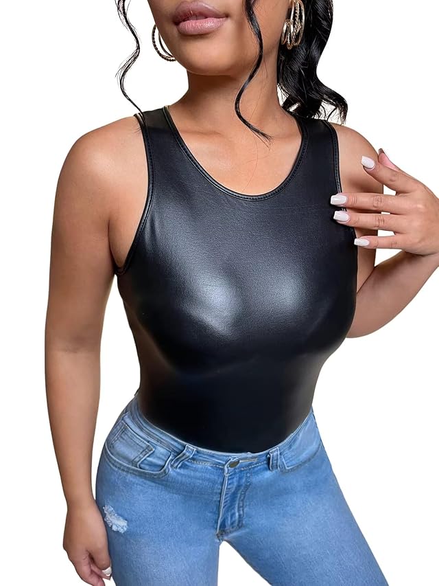Womens PU Leather Round Neck Slim Fit Tank Top Vest