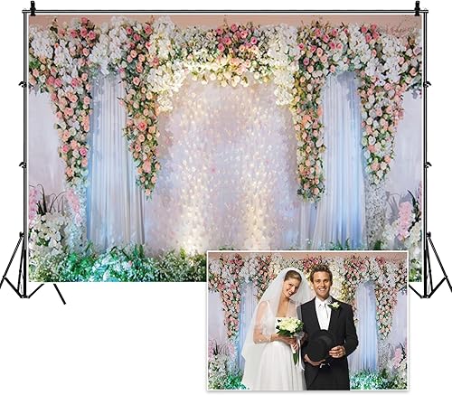 Miniatura 3 de Telón de fondo floral de boda de 10 x 8 pies, cortina de escenario blanco de rosa rosa para fotografía de despedida de soltera, boda, fiesta,