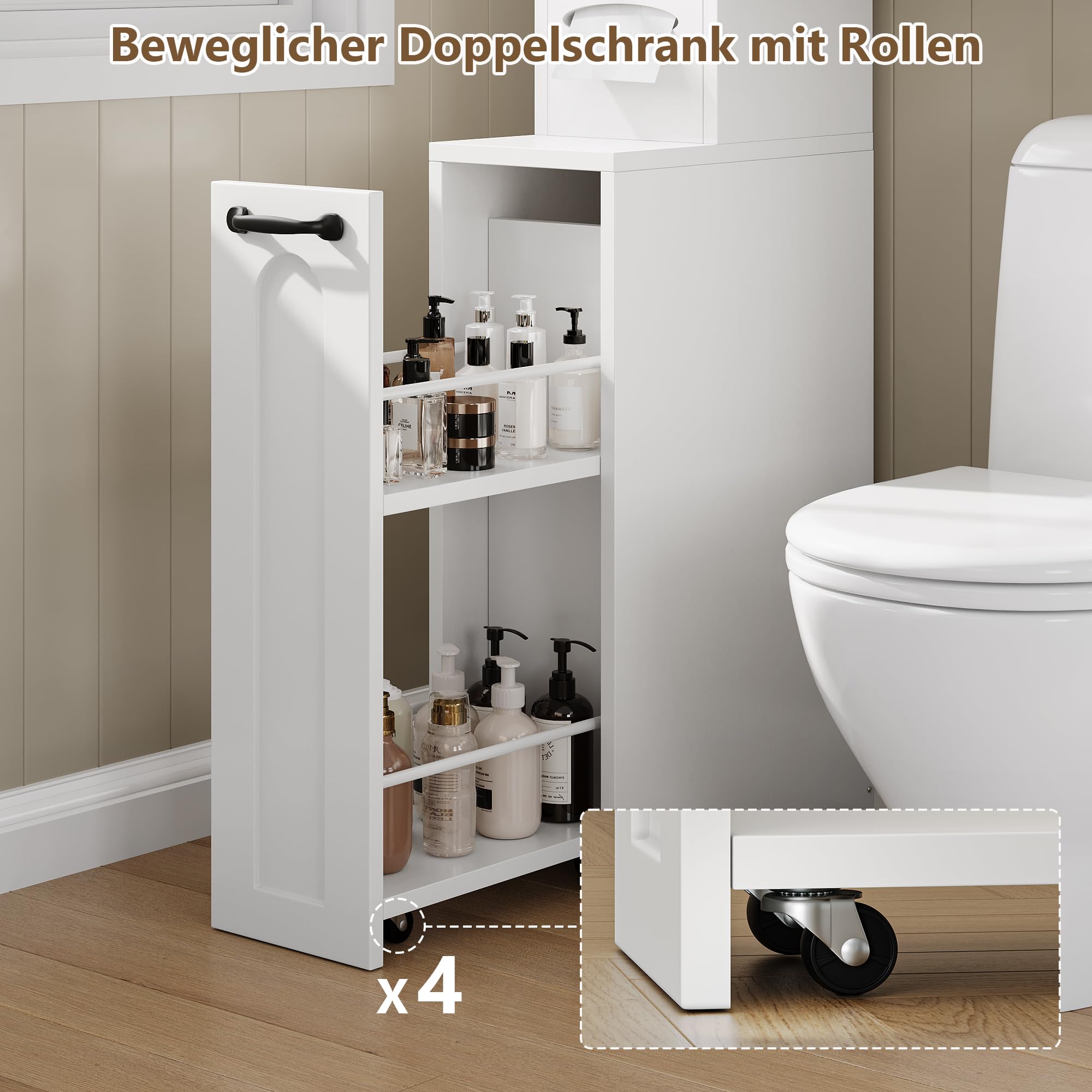 FEONASE Über-WC-Aufbewahrungseinheit mit Seilzug, kleinem Stauraum, Toilettenpapierhalter, Türen und verstellbaren Regalböden, platzsparende Lösung für Bad und Waschküche in Weiß