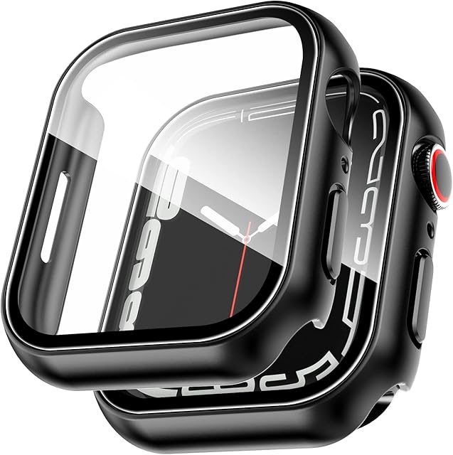 EGV [2 Pack] Hard PC Case Compatible with Apple Watch Series 8/7 45mm, Built-in Tempered Glass Screen Protector, HD Full Cover Bumper Protective [Scratch Resistant] iWatch Series 7 45mm - Black