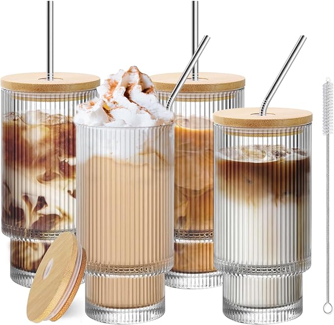 Glass Cups with Lids and Straws 4 Pcs, 16 oz Iced Coffee Cups with lids, Ribbed Glassware Drinking Set for Cocktail Whiskey, Glass Tumbler with Straw and Lid, Ideal for Coffee Bar Accessories