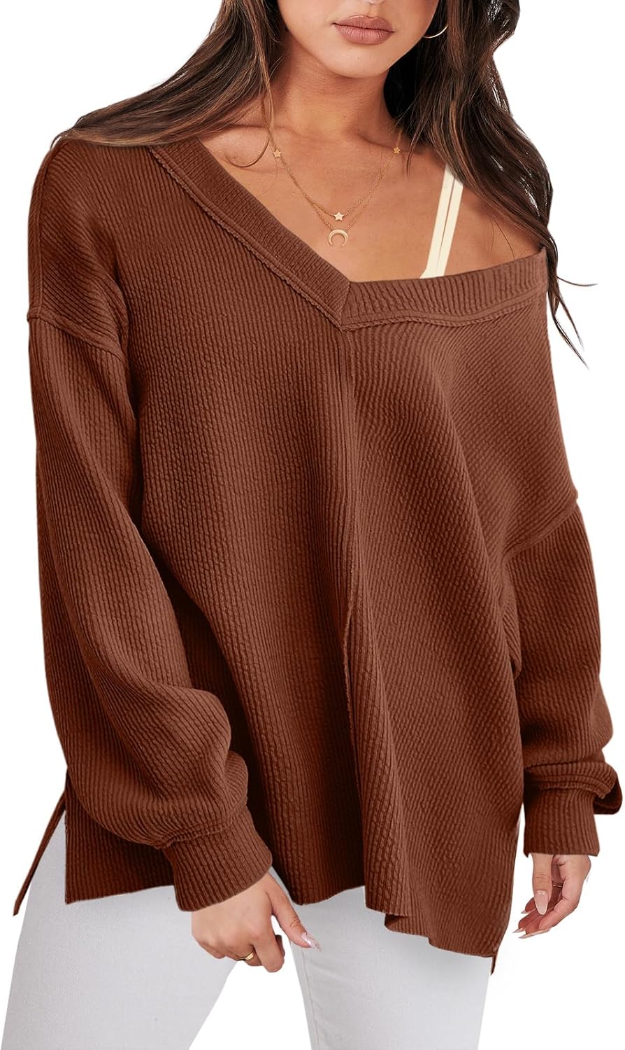 ANRABESS Oversized Long Sleeve Shirts for Women Off the Shoulder Sweatshirt Loose V Neck Tunic Tops High Low Sweater 2025