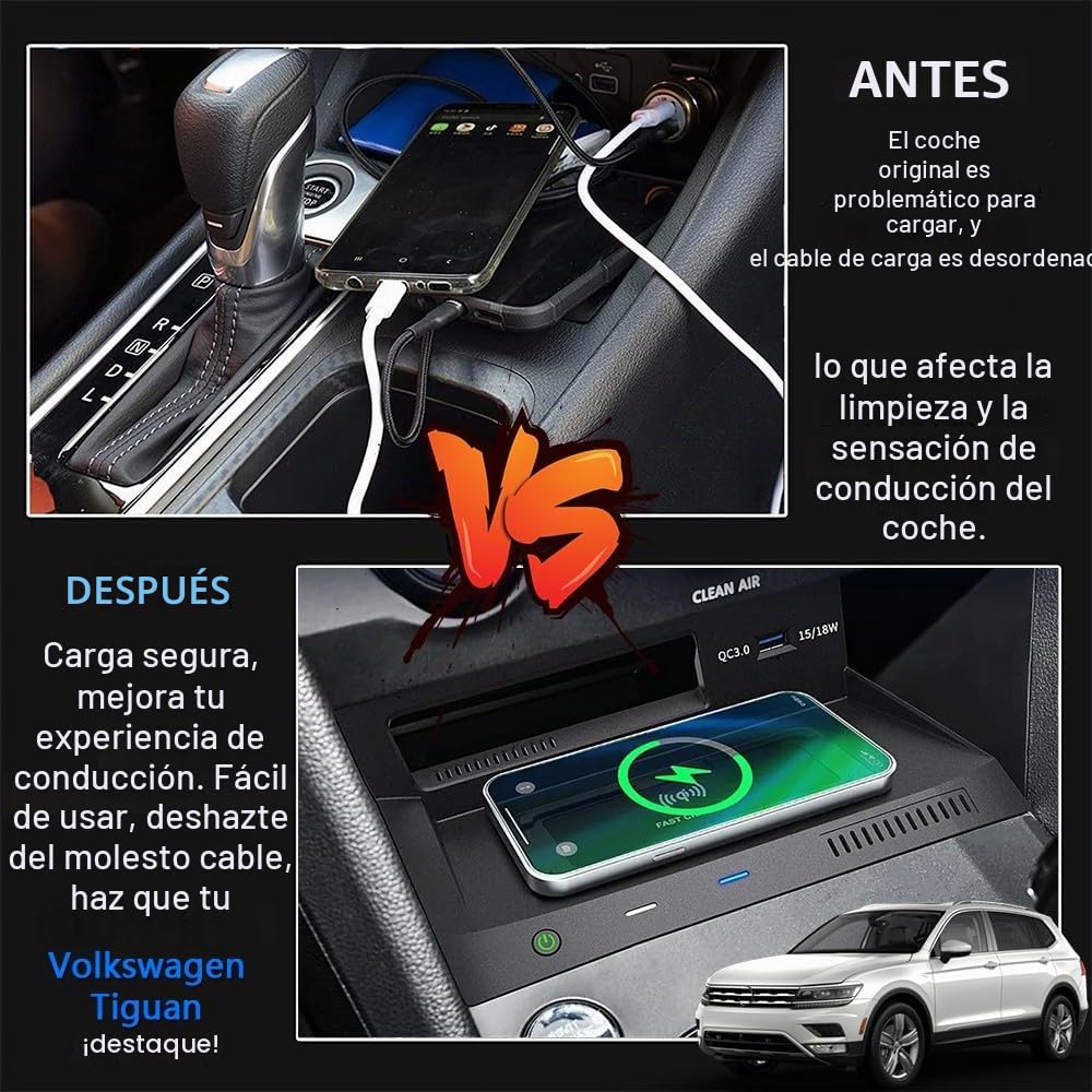 Cargador de Coche Inalámbrico para Volkswagen VW Tiguan 2017 2018 2019 2020 2021, 15W Carga Rápida Coche Teléfono Cargador con 18W QC3.0 USB, para Volkswagen Tiguan Interiores Accesorios