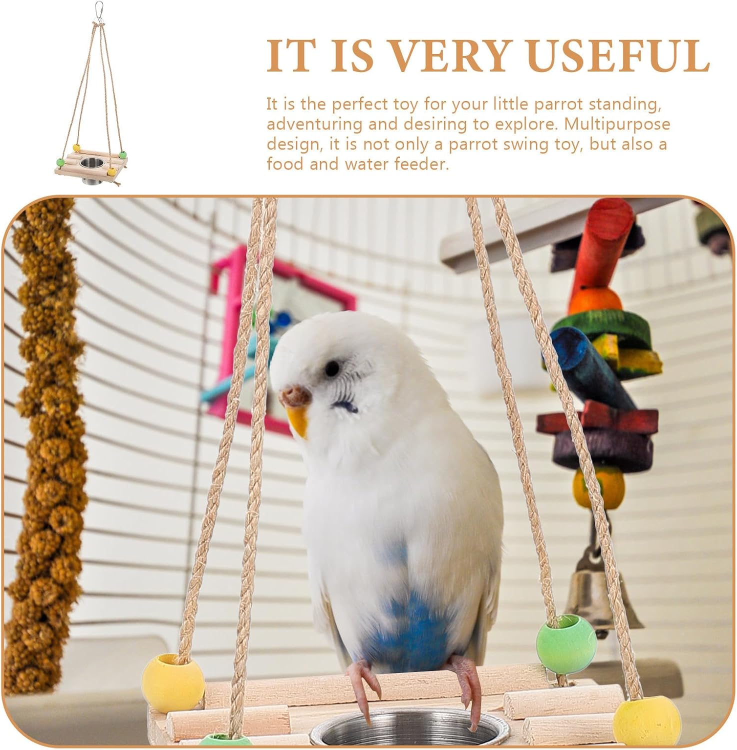 Hemoton Bird Cage Feeder Swing for Parakeet and Macaw, Wood image 3