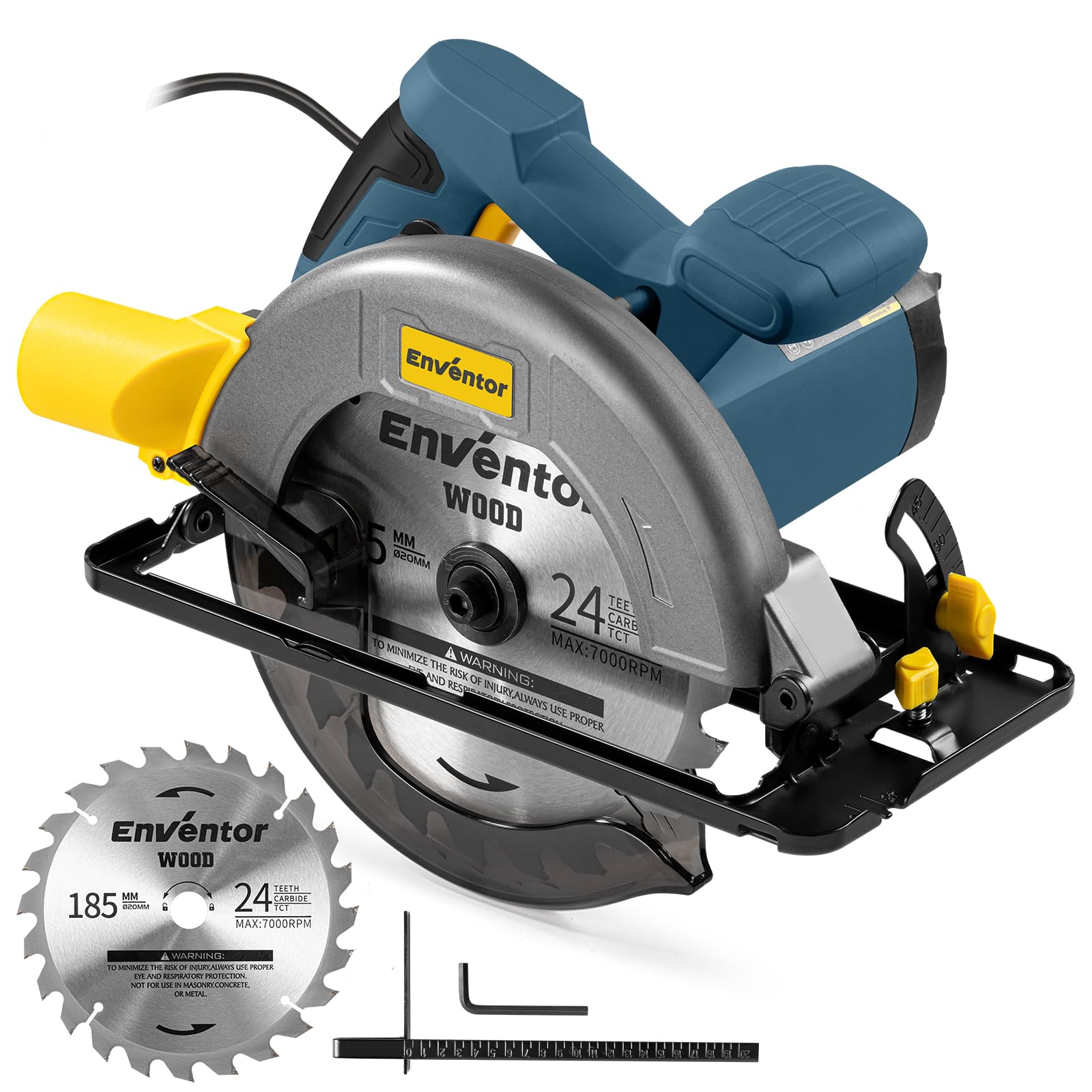 Enventor 1400W Sierra Circular, Hoja de Sierra 185mm(24T) | Sierra Circular de Mano 6000RPM, Profundidad de Corte 62mm(90°), 48mm(45°), Motor de Cobre Puro, Ideal para Cortar Madera