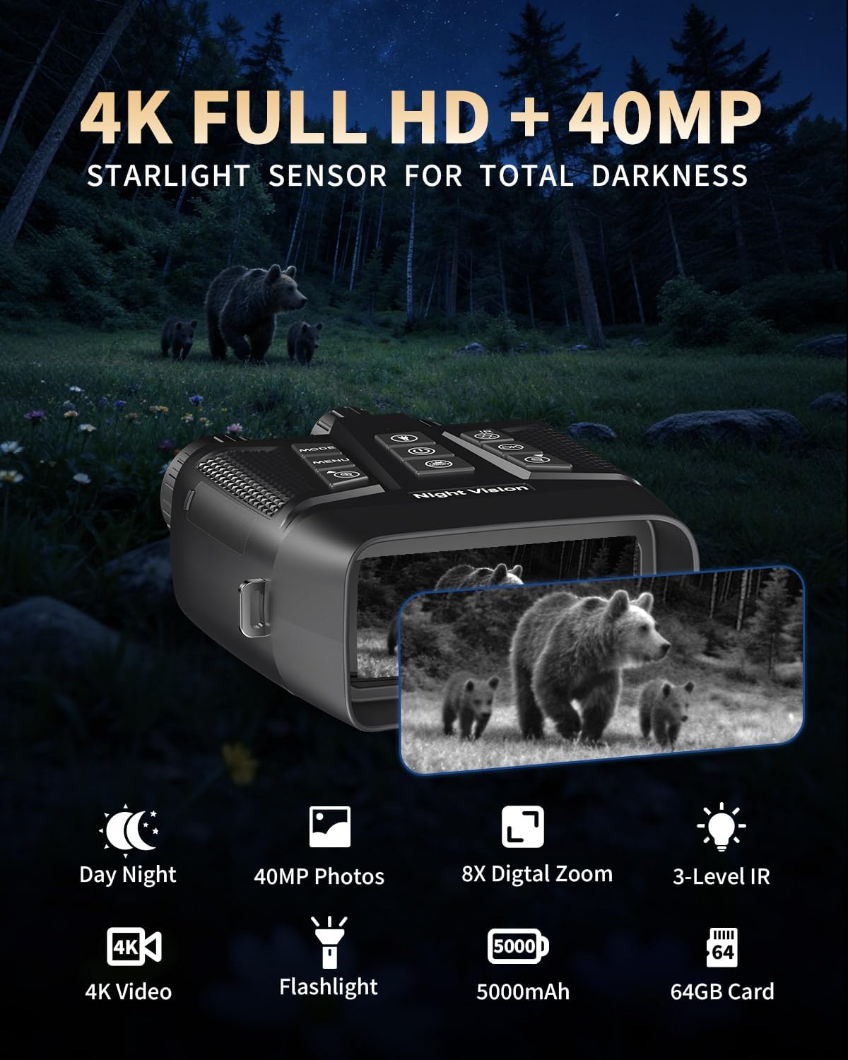 4K Night Vision Binoculars Goggles 3" HD Screen with Magnifying Lens, 42mm Lens, 8X Digital Zoom, 5000mAh Battery Infrared Night Vision Goggles, 64GB Card