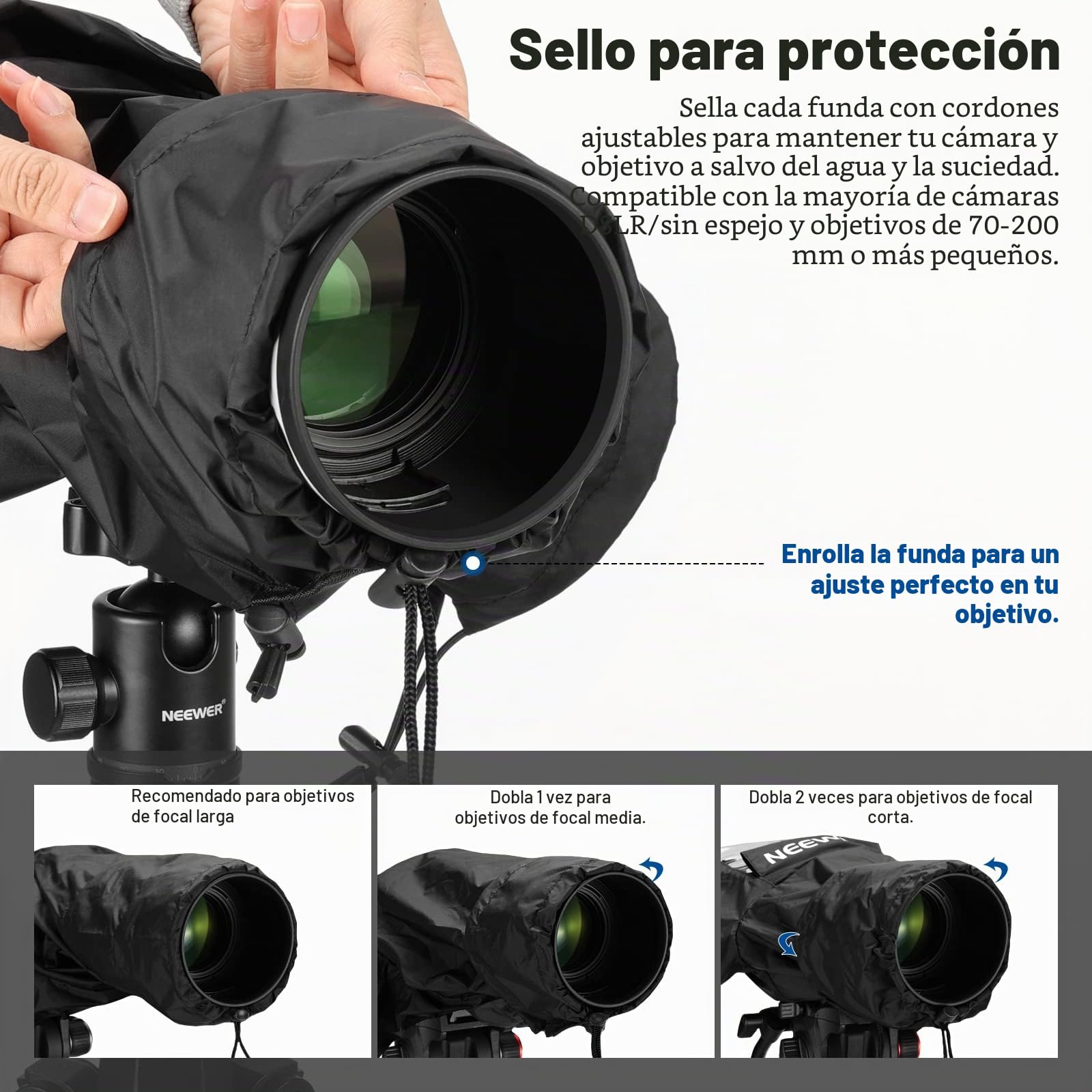 NEEWER Protector de Lluvia para Cámara, Impermeable Nylon Duradero Tamaño Pequeño Compatible con Canon Sony Nikon DSLR Cámara Vlog sin Espejo y Lente hasta 200mm, con Mangas, Cordones, Ventana, PB003