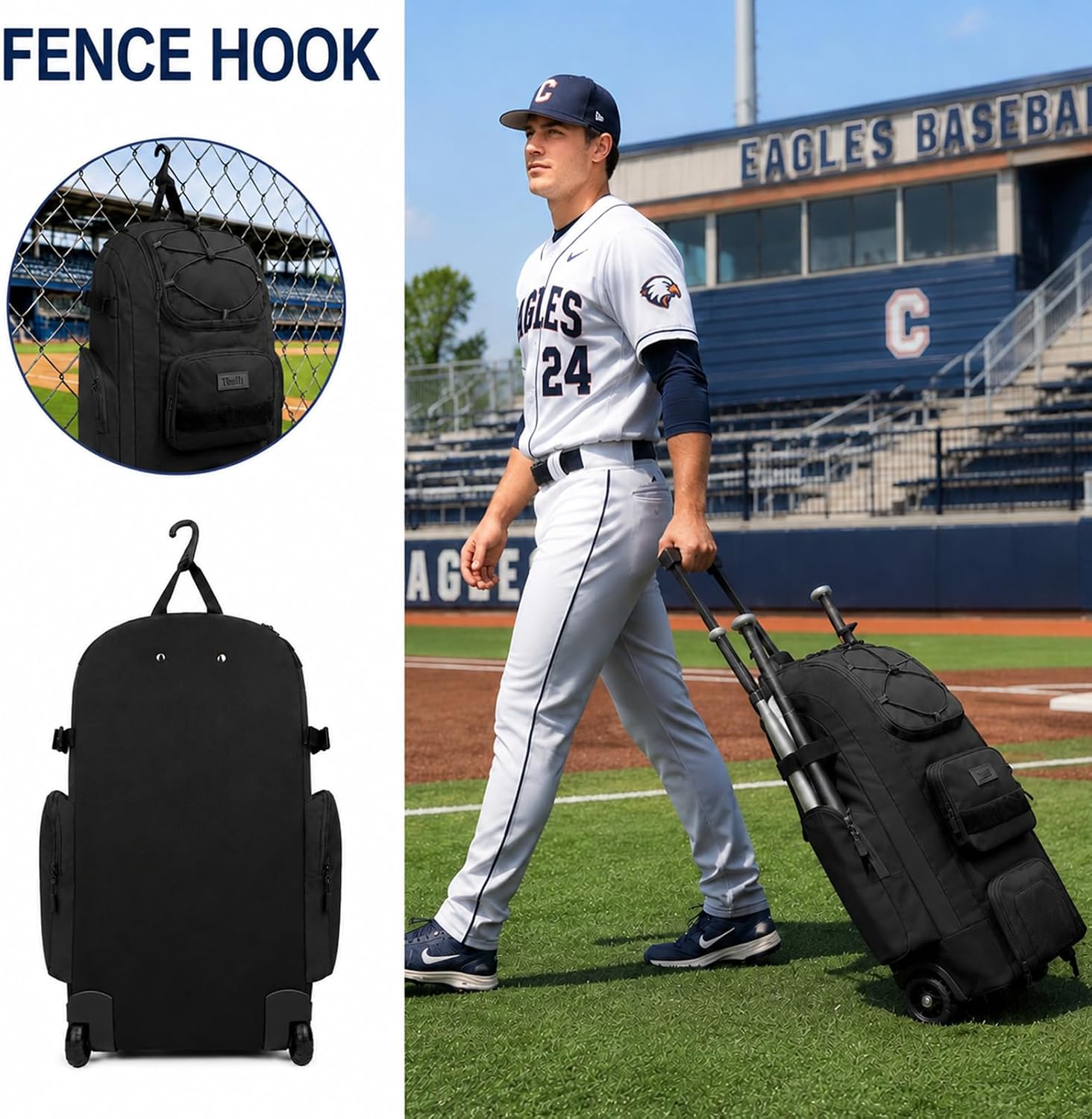 Rolling Baseball Bag with Wheels, 55L Wheeled Softball Bag 4 Bat Holders Ventilated Cleat Compartment Fence Hook for Youth Adult