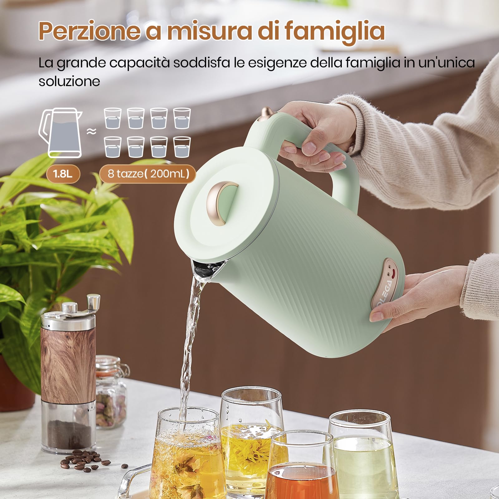 OLEGA Bollitore elettrico per acqua, bollitore per acqua calda a ebollizione rapida da 1800W, bollitore per acqua calda portatile da 1,8 litri Bollitore elettrico per tè Teiera (Verde)