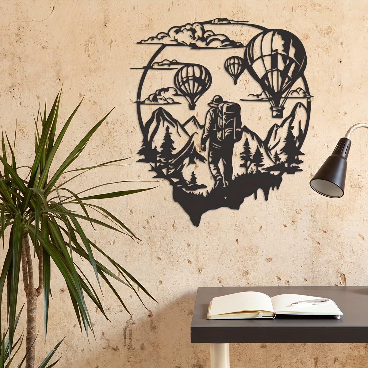 Cfghtnemy Mountain Climbing Hiker Metal Wall Art, with Nature-Inspired Mountain & Hot Air Balloon Design, Indoor/Outdoor Hanging Plaque for Home, Office, Cafe, for Father’s Day, Graduation Gift