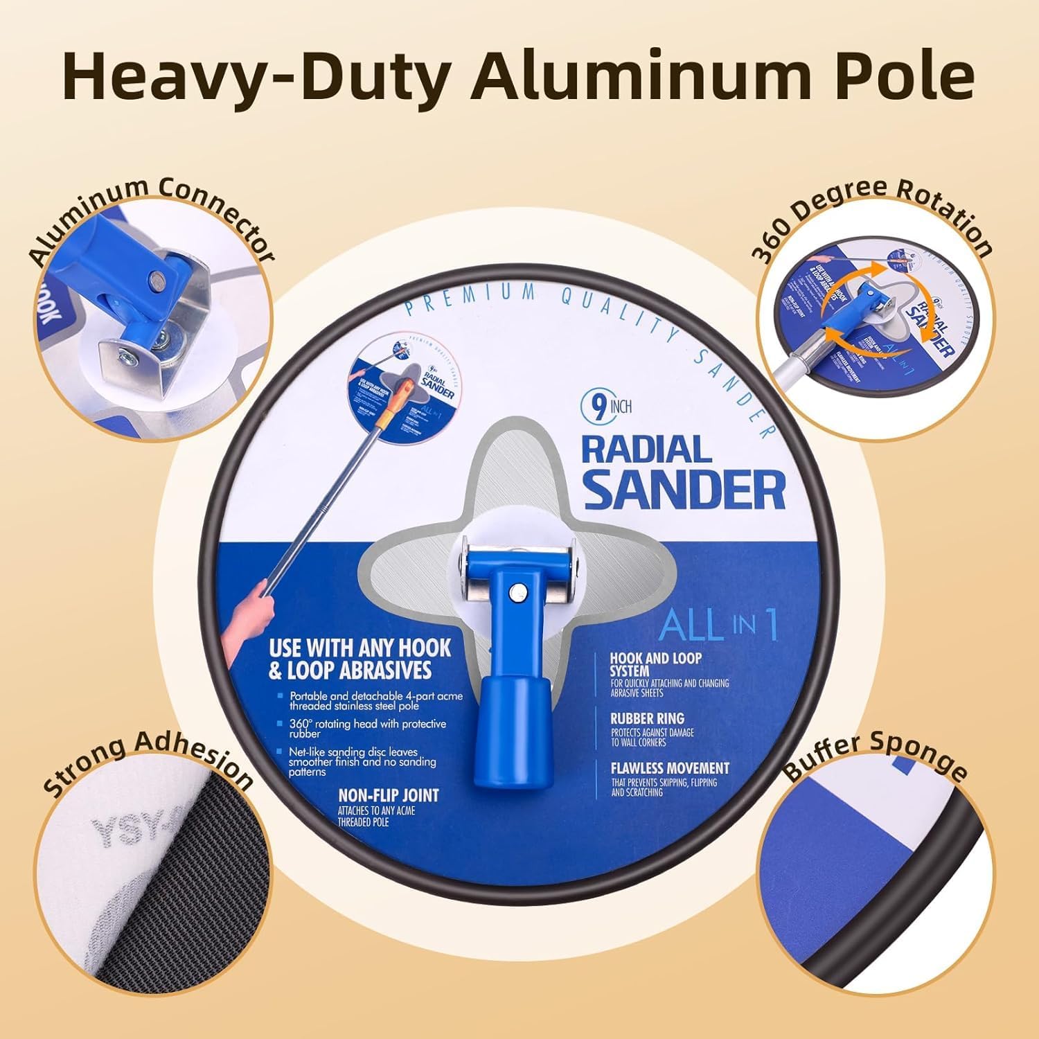 Drywall Pole Sander with Paint Roller Kit, Adjustable Extension Handle, 360° Pivot Head, Manual Wall Prep & Painting Tool Set