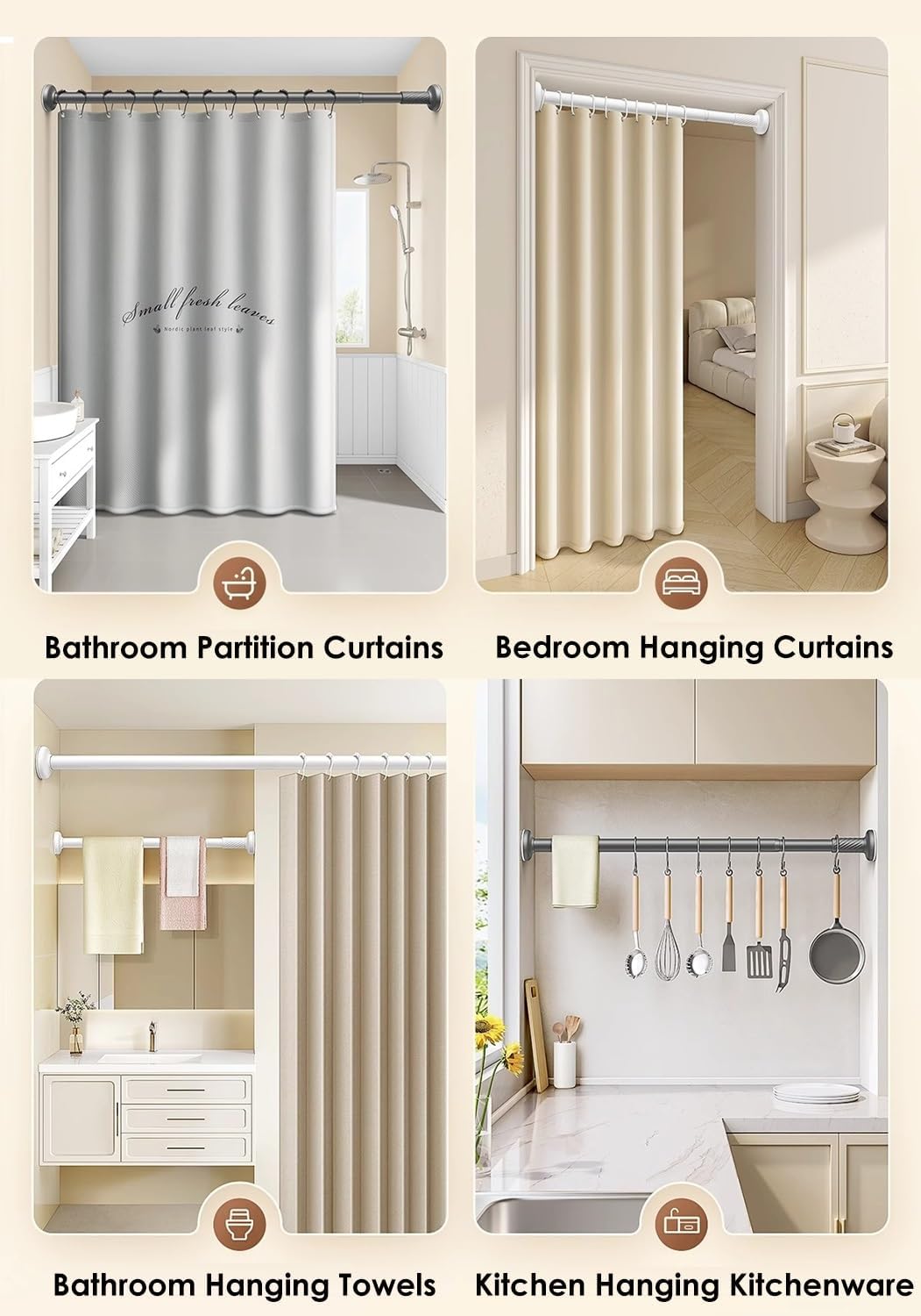 Adjustable Stainless Steel Closet Rod - No Drill, Expandable Wall-Mount Clothes Bar & Shower Curtain Rod with Supports - Valet Garment Organizer (Black, 59.1-86.6in)