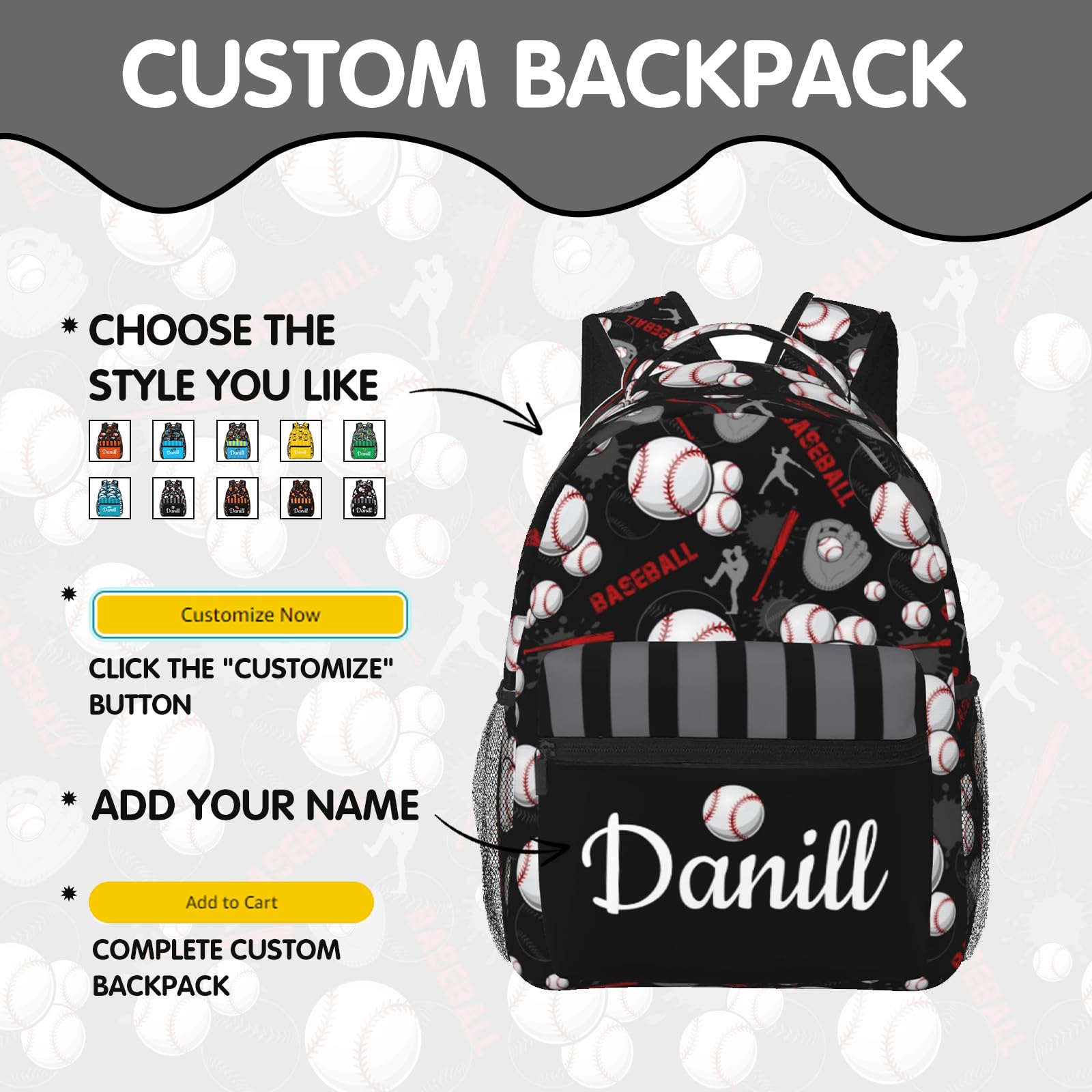 HOXOVAI Custom Baseball Backpack for Boys, Personalized Backpack with Name, Customized School Bookbag, Personalized Gifts for Kids 16in
