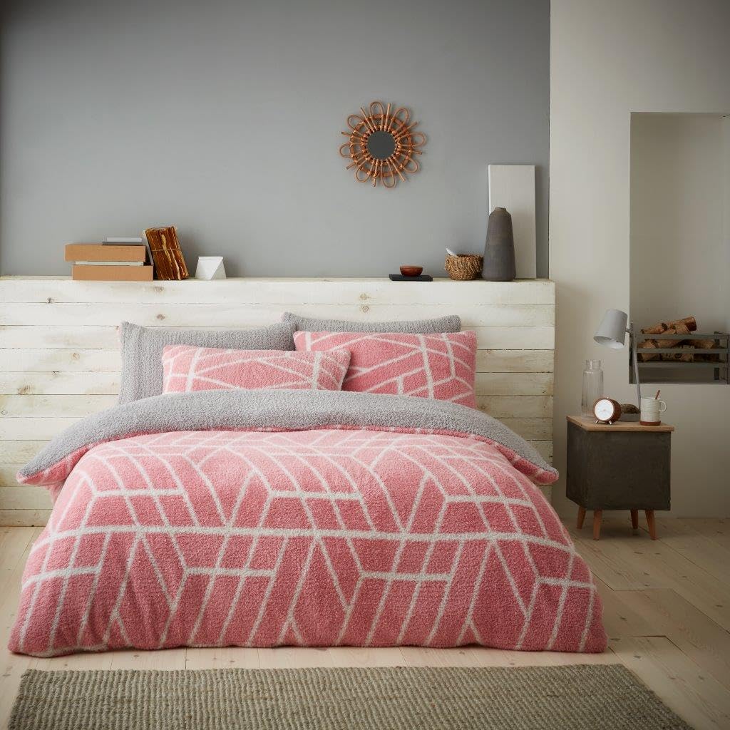 LIZZIE JACOBS Ely Geo Pattern Teddy Sherpa Fleece Super Soft Warm Cosy Duvet Cover Sets Quilt Covers Bedding Sets (single, Blush ), Pink